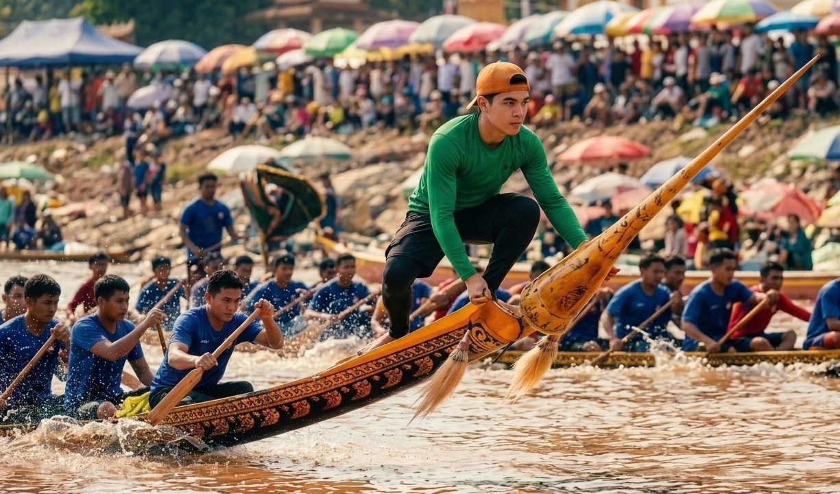 A longboat racer in a green shirt crouches on the carved prow of a racing boat as its crew paddles past crowds on the riverbank.