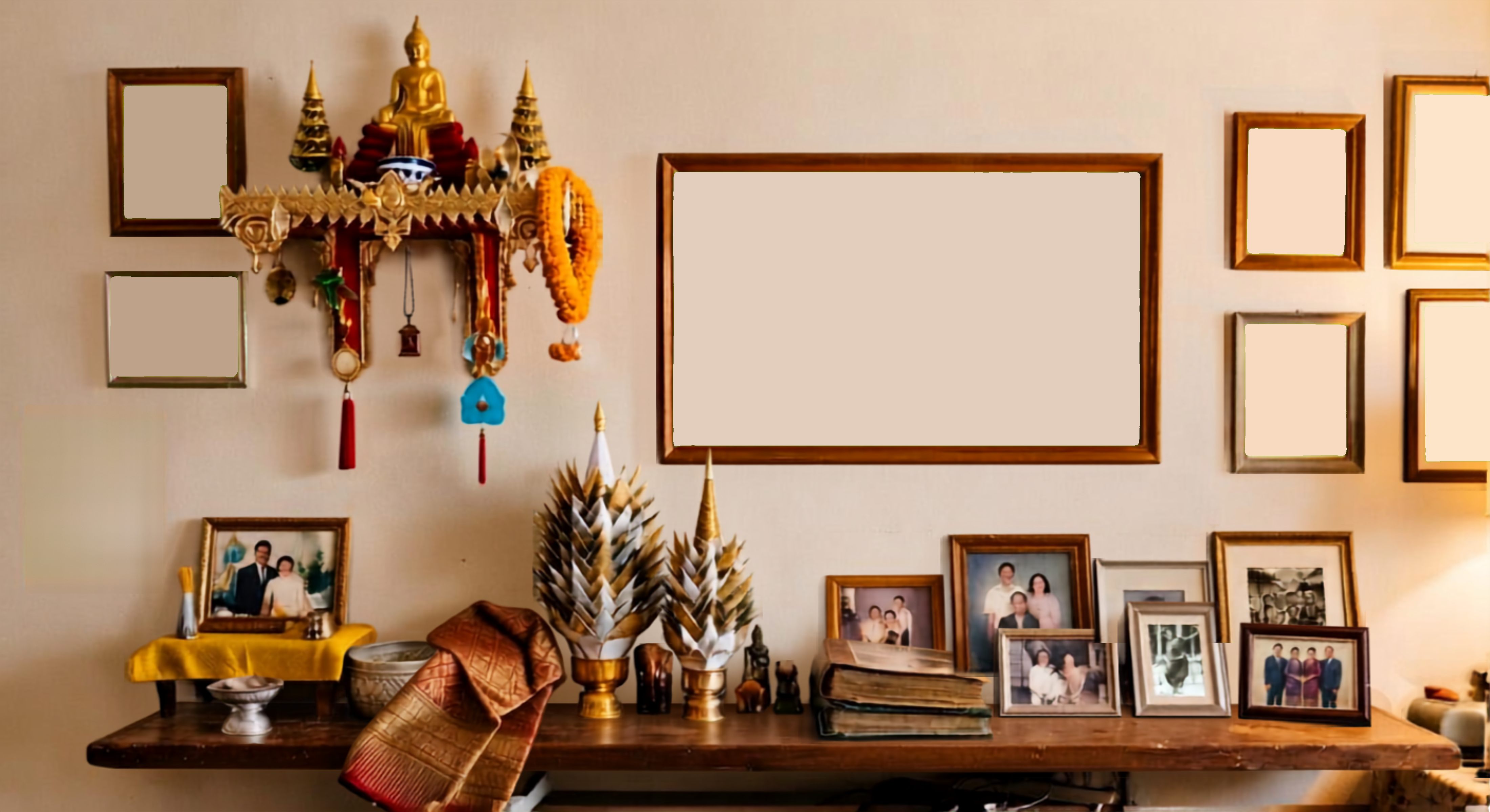 A Lao family's wall: a gold Buddha altar, empty picture frames, folded paper cones, a silver bowl and old photo albums on a long wooden table.